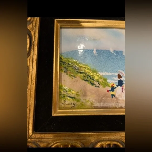 Vintage handpainted mom and daughter beach scene on tile. Gorgeous golden frame